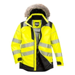 Parka De Travail Hiver Haute-visibilité Matelassée Imperméable Avec Capuche Amovible PW3 Portwest -Vêtements Travail Série parka d hiver haute visibilite impermeable pw3 portwest jaune face